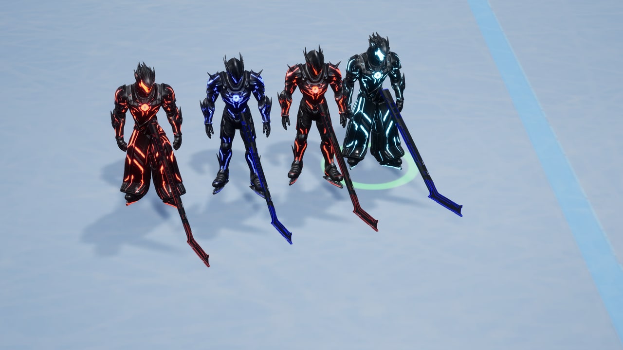 Four VHL players lined up on the ice in red and blue team armour, sticks down